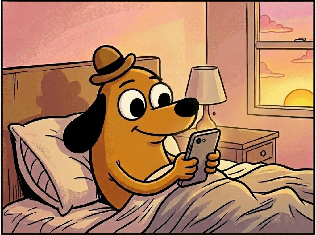 Perro revisando ventas en la cama por la mañana